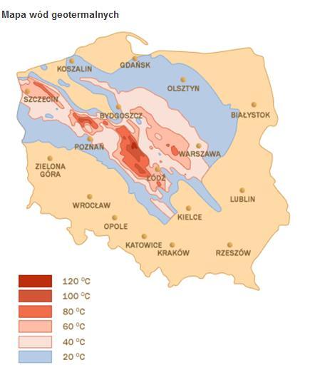 zespołu odwiertów sięga nawet 10 mln PLN, nie licząc kosztów urządzeń na powierzchni (np. wymienników). W Polsce wody geotermalne mają na ogół temperatury nieprzekraczające 100 stopni Celsjusza.