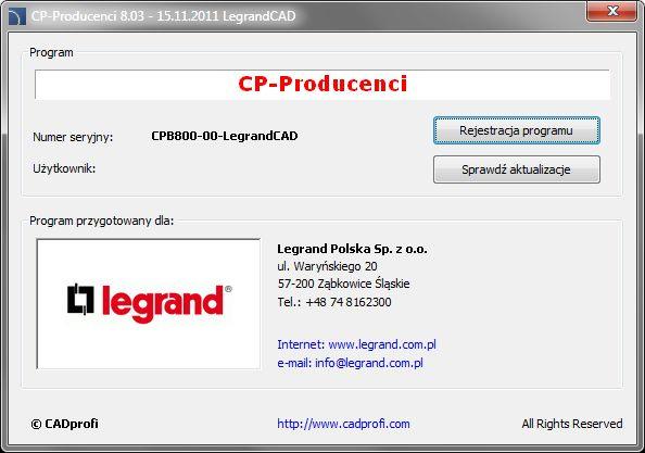 Opis programu LegrandCAD zawiera elementy wyposażenia instalacji elektrycznych z aktualnego programu produkcji firmy Legrand, w tym: wyłączniki i rozłączniki mocy; aparaturę