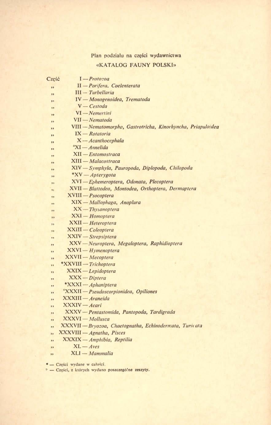 Plan podziału na części wydawnictwa «KATALOG FAUNY POLSKI» Część I Protozoa II Porifera, Coelenterata III Turbellaria,, IV Monogenoidea, Trematoda V Cestoda V I Nemertini,, VII Nematoda V III