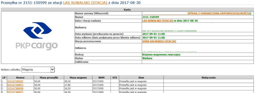 Jazda ładowna informacje o przesyłce Przed odjazdem pociągu ze stacji uruchomienia do systemu