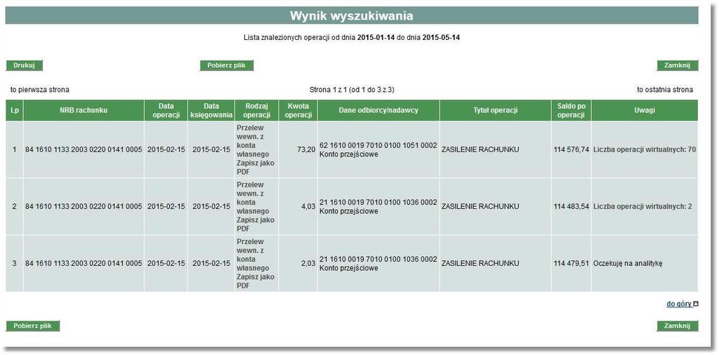 Uwagi - informacja o ilości operacji wirtualnych dla operacji agregującej lub o oczekiwaniu na pobranie analityki.