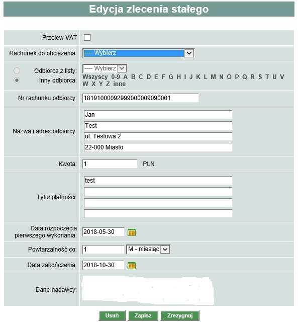 w przypadku modyfikacji zlecenia stałego ze statusem otworzy się okno Zlecenie stałe -