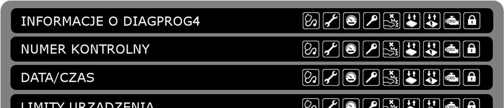 7. PODMENU INFORMACJE INFORMACJE O DIAGPROG4 NUMER KONTROLNY DATA/CZAS LIMITY URZĄDZENIA UMOWA O KORZYSTANIE