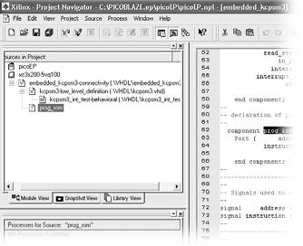 menty pokazano na list. 4, całość udostępniamy na CD EP6/2005B). Opis HDL PicoBlaze a domyślnie domaga się pliku zawierającego jednostkę (entity) PROG_ROM (rys. 14).