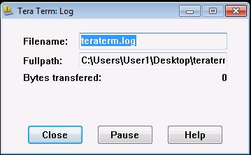 e. Na pasku narzędziowym kliknij ikonę Tera Term: Log. Aby zamknąć sesję dziennika kliknij Close. Uwaga: Możesz również kopiować i wklejać dane z okna Tera Term bezpośrednio do edytora tekstu.