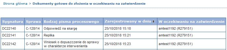 Asystent może śledzić przygotowane do złożenia pisma oczekujące na zatwierdzenie na stworzonym w tym celu ekranie. W menu Czynności.