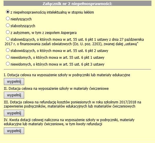 Dane dla każdego rodzaju niepełnosprawności należy wprowadzić oddzielnie, zaznaczając właściwą niepełnosprawność. Następnie, należy uzupełnić pkt.