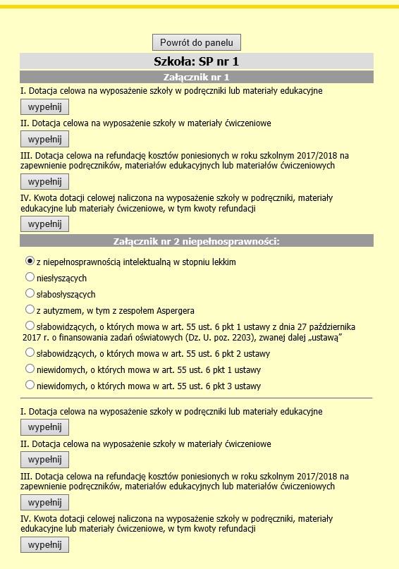 Wprowadzanie danych z załącznika nr 1 odbywa się w czterech krokach, tj. wprowadzenie danych w zakresie: I. wyposażenia szkoły w podręczniki lub materiały edukacyjne. II.