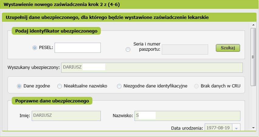 Jak wystawić e-zla na PUE ZUS? Wystawienie zaświadczenia lekarskiego - Krok 2 Należy wprowadzić numer PESEL. Wybrać przycisk Szukaj.