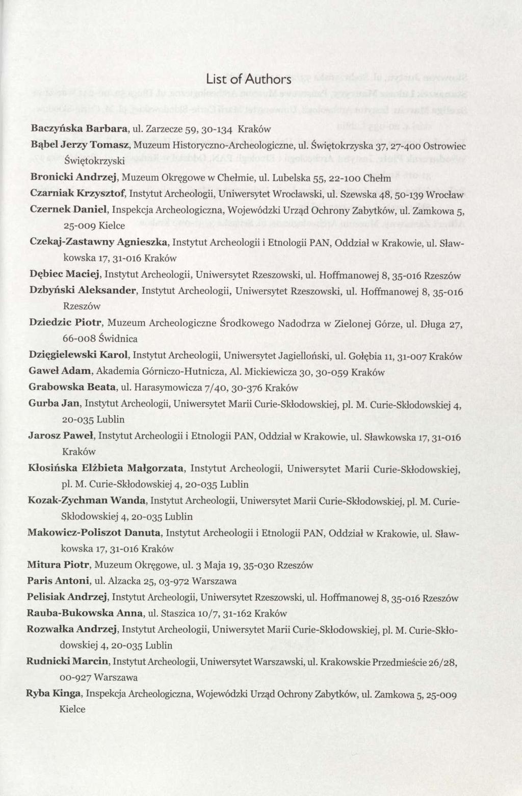 List of Authors Baczyńska Barbara, ul. Zarzecze 59, 30-134 Kraków Bąbel Jerzy Tomasz, Muzeum Historyczno-Archeologiczne, ul.