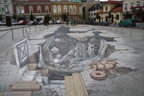Malowidło 3D Solny Świat Malowidło trójwymiarowe 3D na Rynku Górnym w Wieliczce Tytuł: "SOLNY ŚWIAT" Autor: Ryszard Paprocki Powierzchnia: ponad 350 m kw.