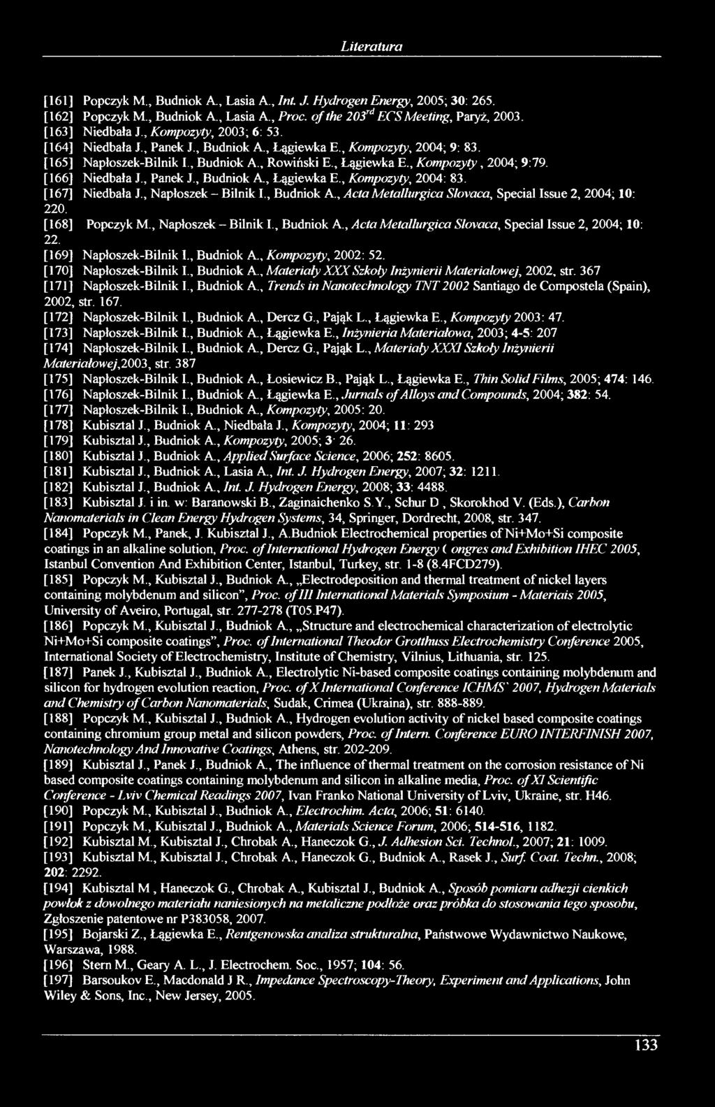 [166] Niedbała J., Panek J., Budniok A., Łągiewka E., Kompozyty, 2004: 83. [167] Niedbała J., Napłoszek - Bilnik Ł, Budniok A., ActaMetallurgica Siovaca, Special Issue 2, 2004; 10: 220.