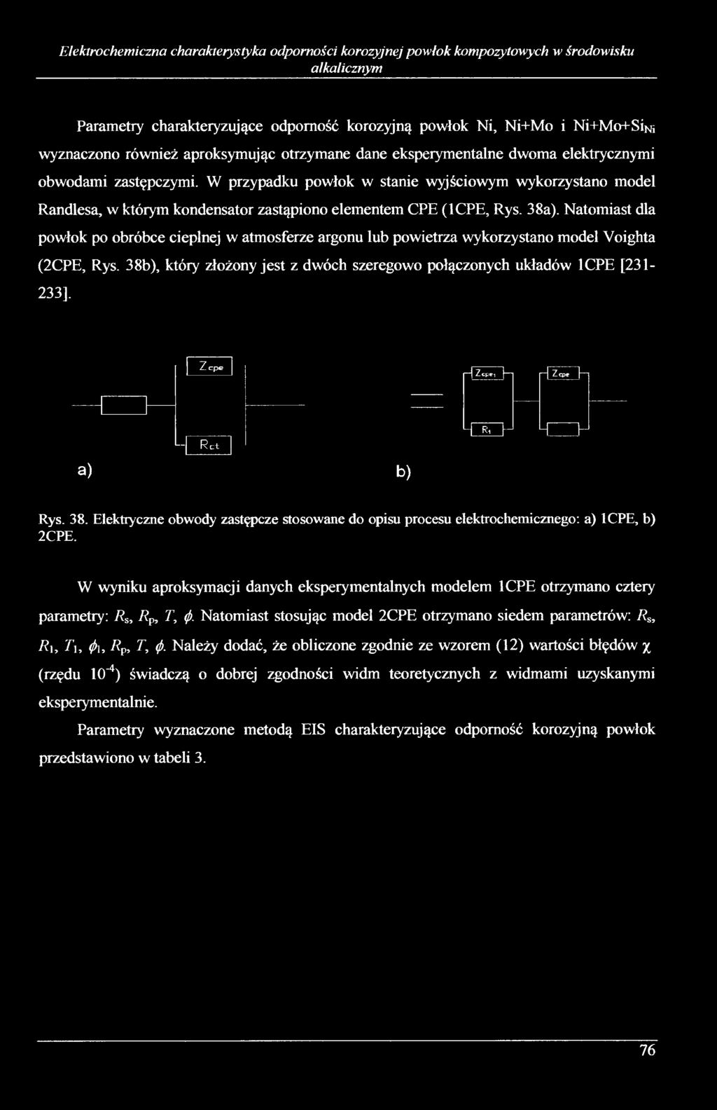 W przypadku powłok w stanie wyjściowym wykorzystano model Randlesa, w którym kondensator zastąpiono elementem CPE (1CPE, Rys. 38a).