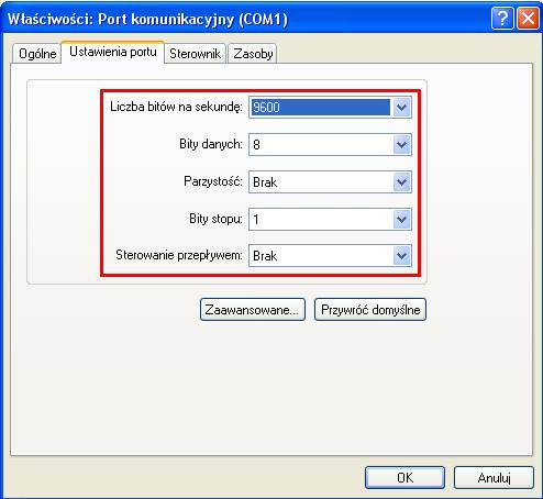 Konfiguracja portu konsoli Odpowiedni port szeregowy Liczba bitów danych na