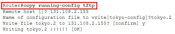 Zapisywanie plików konfiguracyjnych Aby zapisać plik konfiguracyjny na serwerze TFTP należy wykonać następujące kroki: wpisać polecenie copy running-config tftp