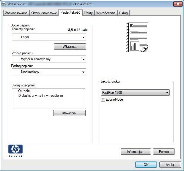 Wybór rodzaj papieru (Windows) 1. W programie wybierz opcję Drukuj. 2. Wybierz urządzenie z listy drukarek, a następnie kliknij lub dotknij Właściwości lub Preferencje, aby otworzyć sterownik druku.