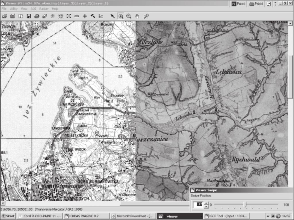Geomorfologiczne podejście do retryfikacji historycznych map... 365 Ryc. 1. Okolice Żywca na fragmencie zrektyfikowanej mapy Oryginalaufnahme von Galizien und Bukowina z 1861 r.