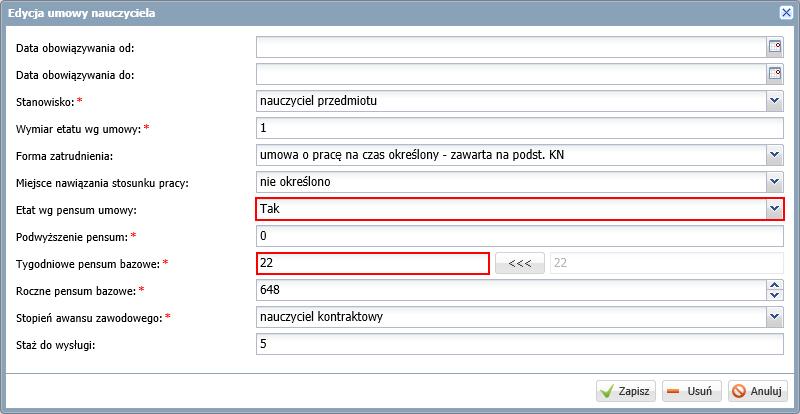 W oknie Edycja umowy nauczyciela, w wierszu Tygodniowe pensum bazowe, w drugim polu odczytaj, ile wynosi pensum bazowe nauczyciela, wyliczone na podstawie jego przydziałów. 4.