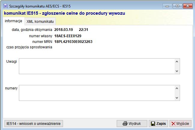 IE515 Z poziomu komunikatu IE515 użytkownik może w prosty sposób wygenerować