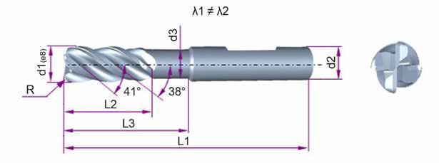 General Turning /Allgemeine rehbearbeitung, IO Kennzeichnung Milling Frezowanie 5602R38414GM-R 4-flute en mills with raius 4-piórowy frez pełnowęglikowy z promieniem B e imension (mm) iczba zębów 1