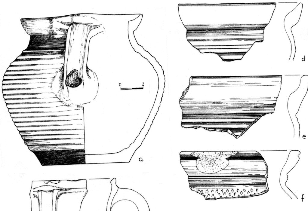 Badania archeologiczne na terenie Sławna 39 Ryc. 14. Sławno. Ułamki naczyń XIX-wiecznych z wykopu przy ul. Grottgera (a g) (wg J.