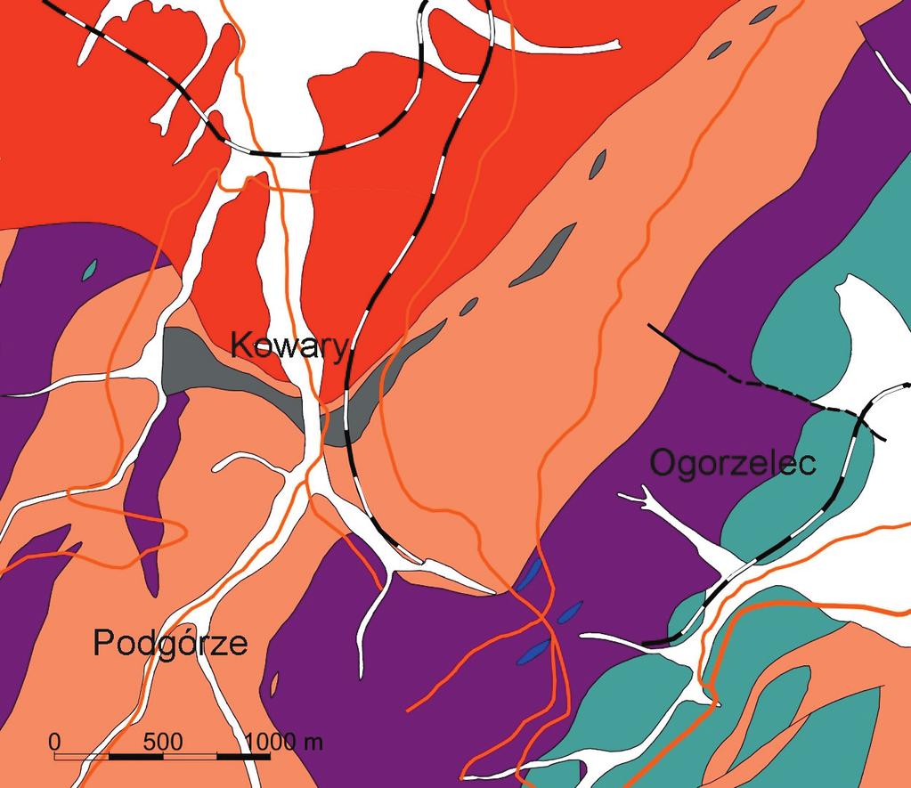 Pozostałości górnictwa rud uranu i żelaza w rejonie Kowar. Część I 83 Ryc. 1. Uproszczona mapa geologiczna rejonu Kowar Fig 1.