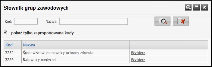 świadczeniodawcę. Kody wybierane są ze słownika dostępnego po kliknięciu przycisku.