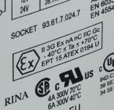 D: Opcja 73 = Zgodność z ATEX (Ex na nc) Ilość zestyków 1 = 1 P, 6 A Rodzaj napięcia cewki 0 = AC/DC 7 = DC czułe 8 = AC (50/60 Hz) znamionowe cewki Patrz tabela z wartościami napięć Pozostałe dane -