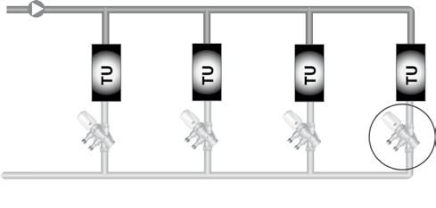 TU= jednostka końcowa Po nastawieniu wszystkich zaworów na wymagane przepływy ciśnienie pompy powinno być zminimalizowane w celu wyeliminowania niepotrzebnego zużycia energii.