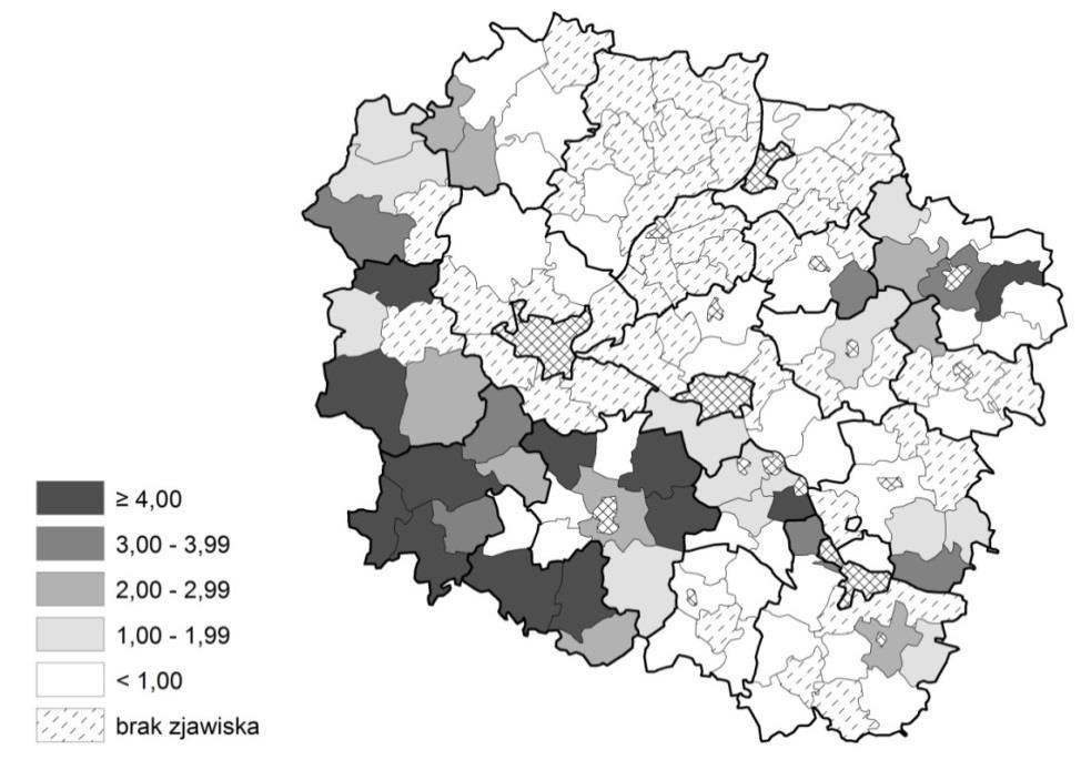 Płatności bezpośrednie o znaczącym ponad 20% - udziale w sumie płatności krajowych Płatność z tytułu sektor skrobi ziemniaczane - zrealizowane wnioski w % ogólnej liczby producentów rolnych ARiMR