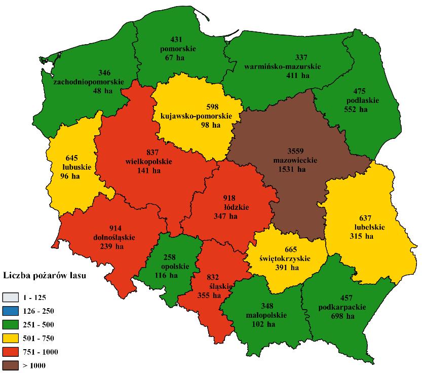 Rycina 10. Liczba pożarów lasu i powierzchnia spalona w poszczególnych województwach w Polsce w 2015 r. Tabela 1.