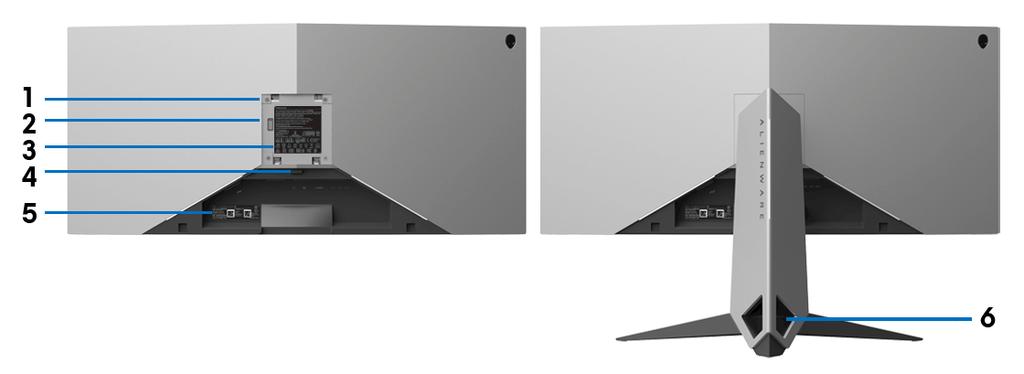 Widok z tyłu Widok z tyłu ze stojakiem monitora Etykieta Opis Użyj 1 Otwory montażowe VESA (100 mm x 100 mm - za podłączoną pokrywą podstawy) 2 Stacja dokująca zapewniające oświetlenie Montaż ścienny