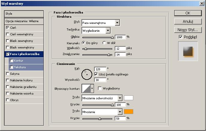 Korzystając także z opcji mieszania warstwy nadajmy efekt wypukłości poprzez fazę i płaskorzeźbę (Rys. 18). Rys.