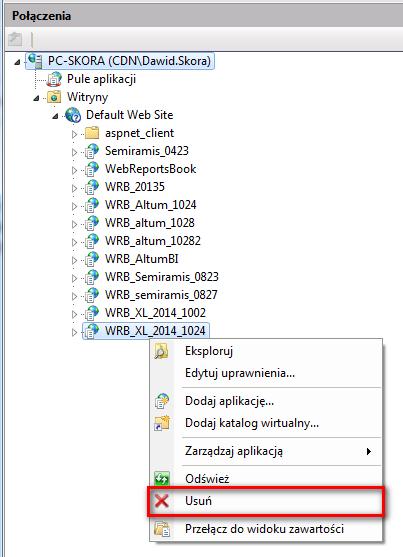 2. W folderze Sites wybrać odpowiednią stronę Web Reports Book 3. Kliknąć na niej a następnie na Usuń Rysunek 9 Konfiguracja IIS 4.