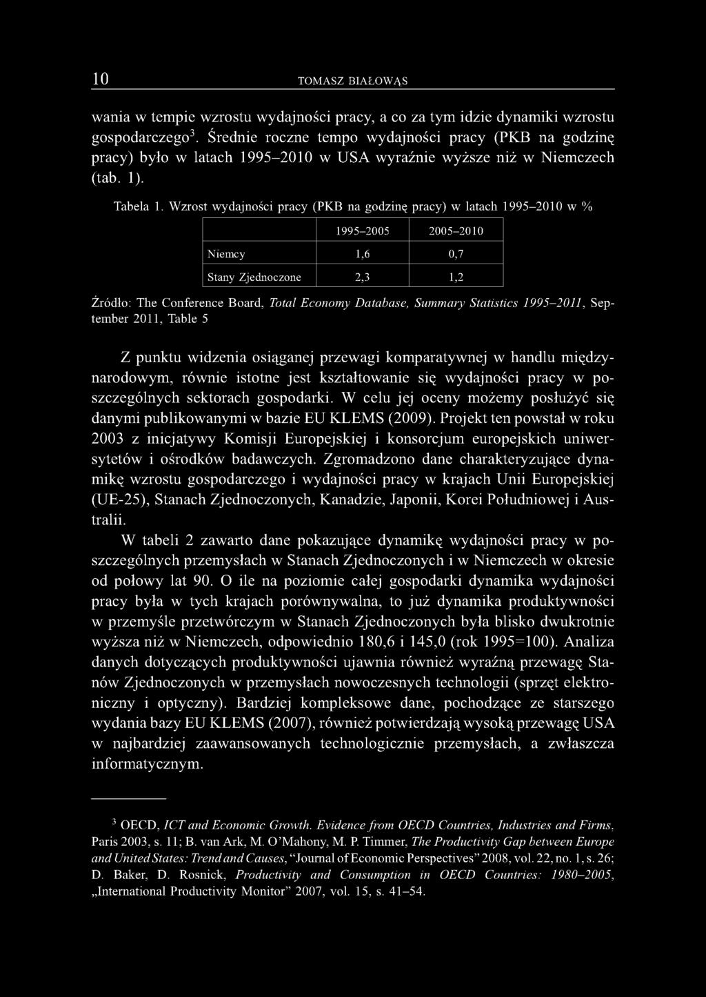 Wzrost wydajności pracy (PKB na godzinę pracy) w latach 1995-2010 w % 1995-2005 2005-2010 Niemcy 1,6 0,7 Stany Zjednoczone 2,3 1,2 Źródło: The Conference Board, Total Economy Database, Summary