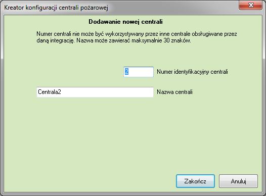 Dodawanie centrali W celu ręcznego oddania centrali należy wybrać przycisk Dodaj, w oknie które się pojawi należy podać nazwę oraz numer identyfikacyjny centrali. 5.1.