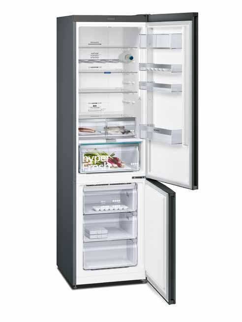GÓRNA PÓŁKA NA DRZWIACH STREFA ŚWIEŻOŚCI HYPERFRESH : 1 SZUFLADA NA WARZYWA I OWOCE Z REGULACJĄ WILGOTNOŚCI 2 SZUFLADY HYPERFRESH <> 0 C NA RYBY I MIĘSO ALARM OTWARTYCH DRZWI TRYB WAKACYJNY TRYB ECO
