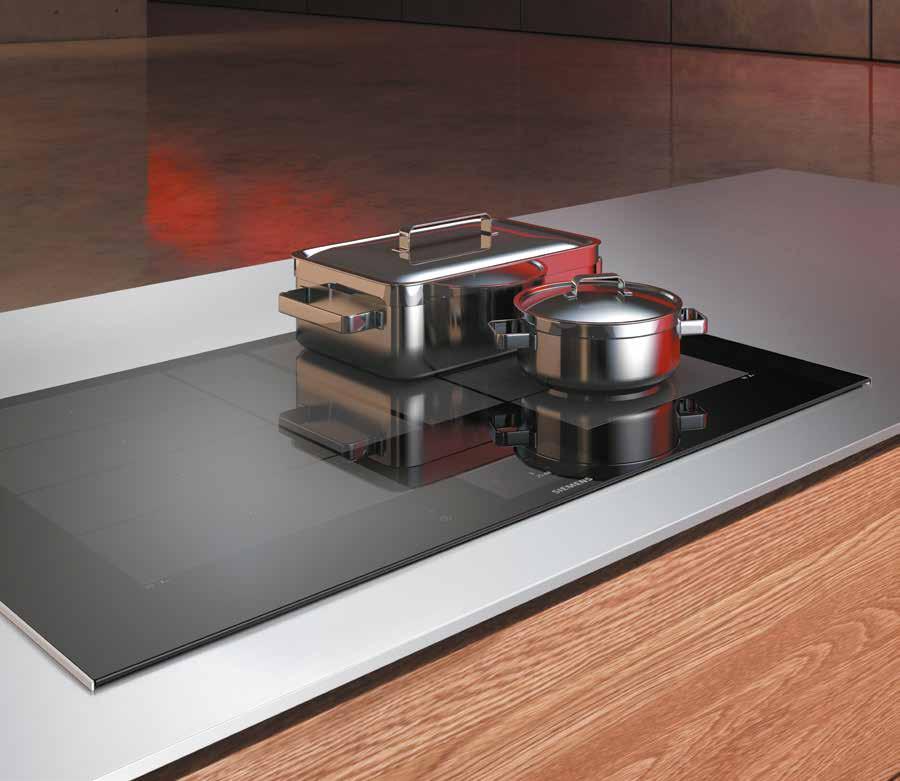 INDUKCYJNE POLA GRZEWCZE W TYM 2 STREFY FLEXINDUCTION SENSORY SMAŻENIA COOKINGSENSOR READY STREFY INDUKCYJNE Z ELEKRONICZNYM ROZPOZNAWANIEM NACZYŃ WYŚWIETLACZ CYFROWY FUNKCJA POWERBOOST DLA STREF