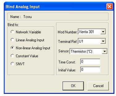 Charakterystyka sygnału: zmienna sieciowa (Network Variable), liniowe wejście analogowe (Linear Analog Input), nieliniowe wejście analogowe (Non Linear Analog Input), zmienna LON (SNVT), wartość