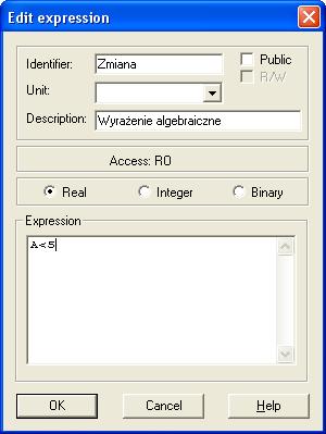 Wyrażania matematyczne - Expressions AI lub BI REAL lub INTEGER lub BINARY Blok wyrażenia Blok posiadający jeden parametr w postaci wyrażenia arytmetycznego.