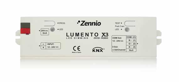 LUMENTO X3 - X4 ZN1DI-RGBX3 (144 x 44 x 22 mm.) Sterownik oświetlenia LED, 3 kanały (RGB) LUMENTO X3 jest trójkanałowym sterownikiem oświetlenia LED 12 i 24 V o obciążeniu do 2,5A na jeden kanał.
