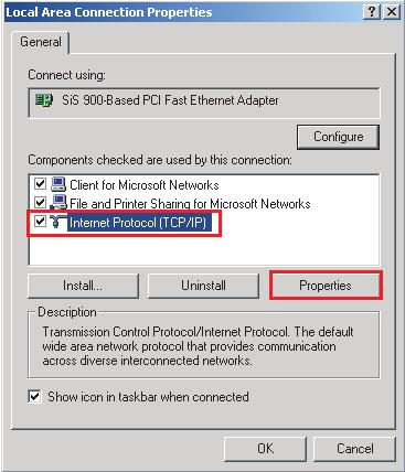 3. Wybierz Intel Protocol (TCP/IP) [Protokół Intel (TCP/IP)] i kliknij Properties (Właściwości). 4. Ustaw adres IP komputera PC i kliknij OK.