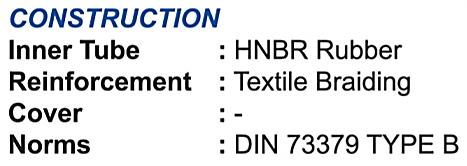 WĘŻE BIO-DIESEL ZEWNĘTRZNE WZMOCNIENIE Wewnętrzna rurka: Guma HNBR Wzmocnienie : Plecionka tekstylna Pokrywa : Norma : DIN 73379 TYP B Zakres temperatur : -40 C /