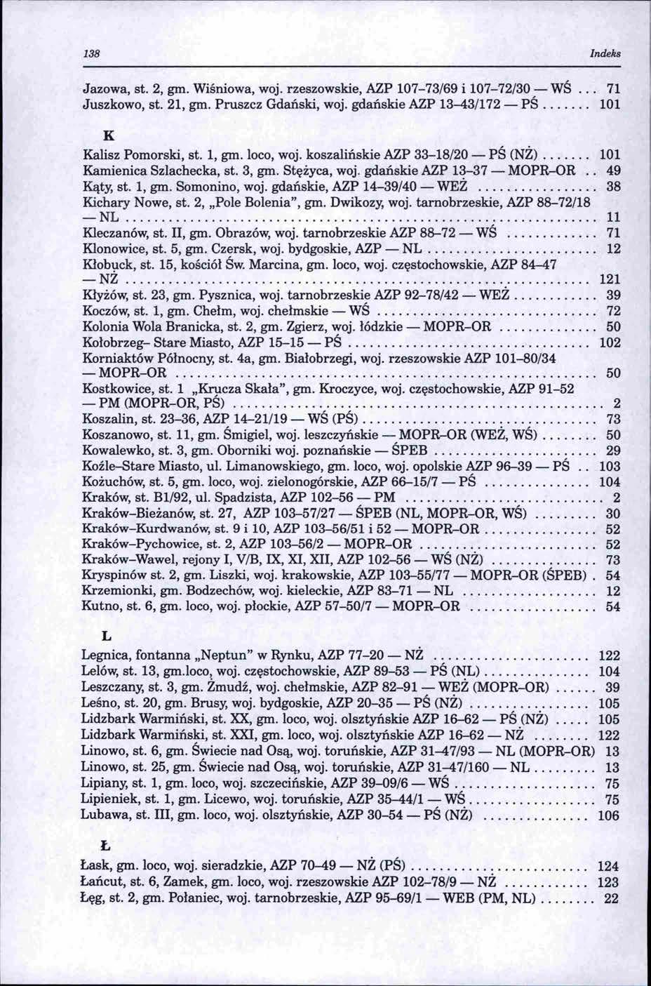 138 Indeks Jazowa, st. 2, gm. Wiśniowa, woj. rzeszowskie, AZP 107-73/69 i 107-72/30- WŚ... 71 Juszkowo, st. 21, gm. Pruszcz Gdański, woj. gdańskie AZP 13-43/172- PŚ....... 101 K Kalisz Pomorski, st.