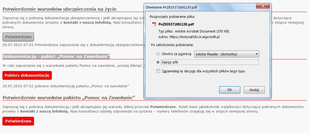 Sekcja Potwierdzenie warunków pakietu Pomoc na Zawołanie Po kliknięciu przycisku potwierdzam, przycisk