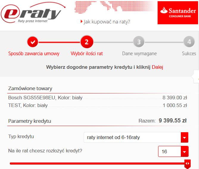 Po wybraniu sposobu zawarcia umowy (Przelew) i kliknięciu przycisku Dalej, otwiera się strona umożliwiająca wykonanie wstępnej symulacji wysokości raty oraz wyboru ubezpieczenia na życie (m.in.