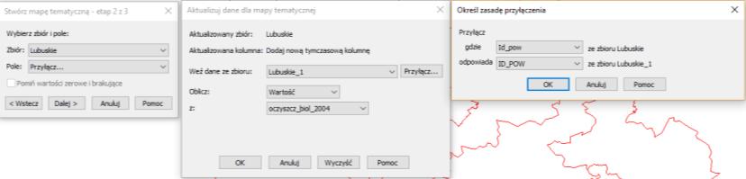 Tworzenie map tematycznych przy wykorzystaniu danych z innego zbioru Funkcja przyłączania w oknie Stwórz mapę tematyczną Etap 2 z 3 pozwala stworzyć mapę na bazie mapy bazowej używając danych
