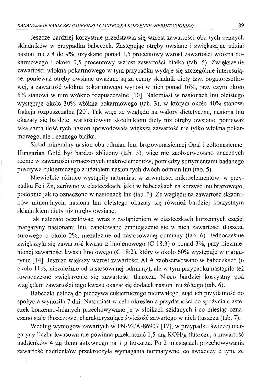 KANADYJSKIE BABECZKI (MUFFINS) I CIASTECZKA KORZENNE (HERMIT COOKIES).. 89 Jeszcze bardziej korzystnie przedstawia się wzrost zawartości obu tych cennych składników w przypadku babeczek.