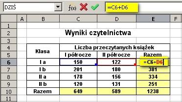 Arkusz z wprowadzonymi tekstami, liczbami, formułami. Zawartość widać w komórce i na pasku formuły Aby wskazać, gdzie mają się pojawić wprowadzane dane, należy uaktywnić komórkę (np.