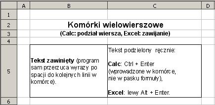 Przykład rozmieszczenia dużej liczby słów w komórce komórka wielowierszowa Komórkę wielowierszową można utworzyć